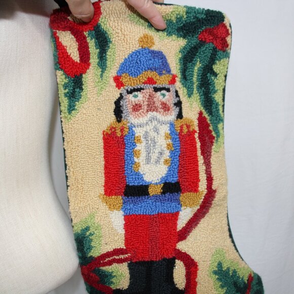 Vintage Wool Tapestry Needlepoint 18" Christmas Nutcracker Stocking Green Velvet - Picture 3 of 7